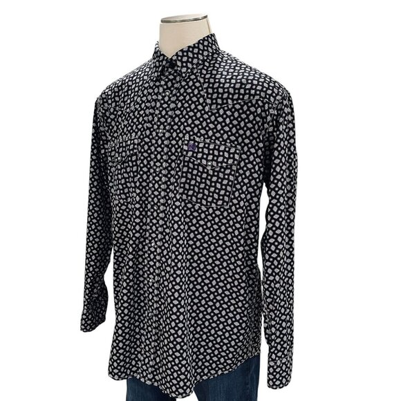 Cinch Black Geometric Pearl Snap Shirt Large Western Cowboy Rodeo Y2K Boho Grung - Picture 10 of 12